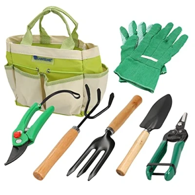 Afbeelding van Lantelme tuingereedschap set 7 stuks met tas snoeischaar tuinhandschoenen schepje harke 5124