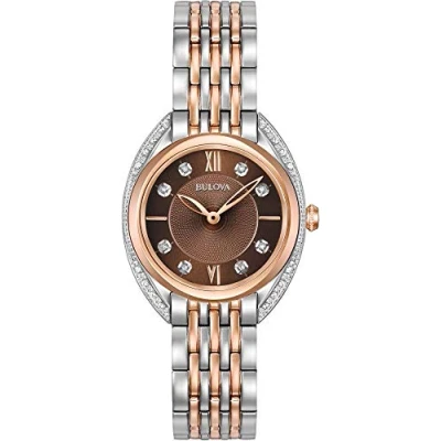 Afbeelding van Bulova dames Curv Diamond quartz horloge met bruine wijzerplaat analoog display en Multicolor roestvrij stalen Armband 98R230, Veelkleurig,