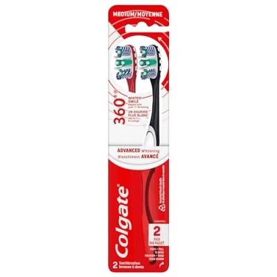 Afbeelding van Colgate 360 Optic White Advanced Whitening Tandenborstel, Volwassene Medium Tandenborstel met Cups, Helpt Tanden witter te maken en verwijdert geurveroorzakende bacteriën, 2 Pack