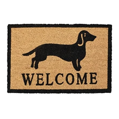 Afbeelding van Relaxdays deurmat kokos, 60 x 40 cm, met teckel en tekst Welcome, antislip, binnen buiten, kokosmat rechthoekig, natuur/zwart