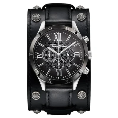 Afbeelding van Thomas Sabo Heren polshorloge Rebel Icon analoog kwarts zwart leer WA0140 218 203 43 MM, Zilverkleurig, zwart., 4.3 cm, armband