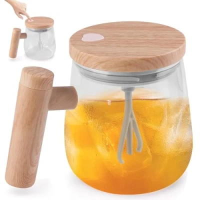 Afbeelding van Zelfroerende mok: 400 ml elektrische koffiemok, automatisch hoog borosilicaatglas, roerbeker met deksel, greepknop, mengbeker, mengbeker voor koffie, melk, cacao, thee, sap, esdoornkleur