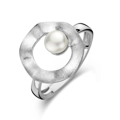Afbeelding van Ring Rondje Parel Gescratcht Zilver Gerhodineerd