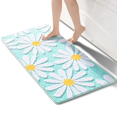 Afbeelding van QJHOMO Groen badkamertapijt, schattige madeliefjes, badmat, antislip, wasbaar, witte en gele bloem, zachte douchemat, absorberend, 60 x 120 cm