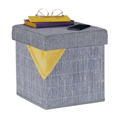 Afbeelding van Relaxdays poef met opbergruimte, gepolsterd, opvouwbaar, bamboe, stof, HxBxD: 36 x 35 cm, hocker deksel, grijs