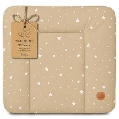 Afbeelding van Afwasbare en waterdichte Verschoonmat 85x72 cm voor op het verschoningsmeubel, verschoningselement, commode of wasmachine Beige met witte sterren