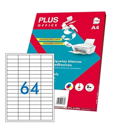 Afbeelding van Plus Office Witte zelfklevende etiketten om af te drukken, 100 vellen stickerpapier op A4 voor inkjetprinters, laser en fotokopieerapparaat, 64 per vel (48,5 x 17 mm)
