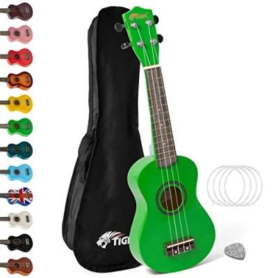 Afbeelding van TIGER UKE7 GR Sopraan Ukulele voor beginners inclusief gigbag, vilt pick, reserve set snaren nu uitgerust met Aquila groen