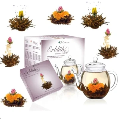 Afbeelding van Creano geschenkset zwarte thee theebloemen (6 stuks) en glazen theekan