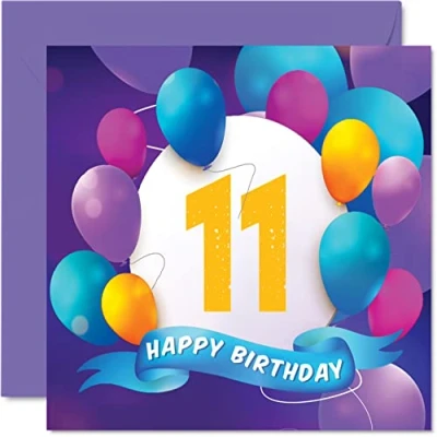 Afbeelding van 11e verjaardagskaart voor jongens meisjes ballonfeest gelukkige verjaardagskaarten 11 jaar oude jongen meisje broer zus zoon dochter kleinzoon kleindochter neef, 145 mm x verjaardag wenskaarten cadeau