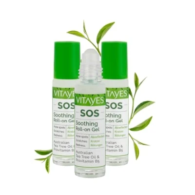 Afbeelding van Vitayes SOS Tea Tree Oil Roller, vitamine B5, tegen acnevlekken, krassen, huidontstekingen, rustgevende roll on pen, puistjes, onzuivere huid, veganistisch, roodheid van de 30 ml