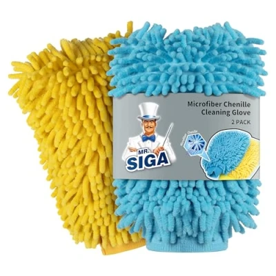 Afbeelding van MR.SIGA Hoogwaardige microvezel washandschoen zachte chenille autowashandschoen, 2 stuks, blauw &amp; geel
