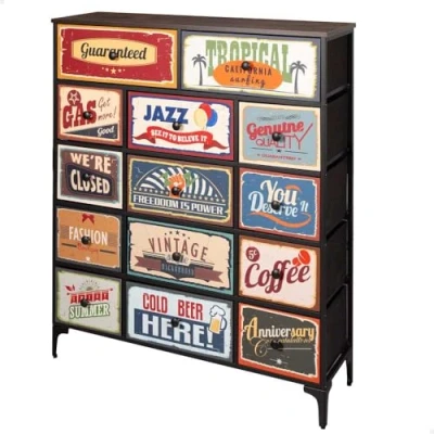 Afbeelding van AKTIVE 18405 Max Home commode voor slaapkamer, multifunctioneel, retro en vintage afbeeldingen, 14 stoffen laden, 103 x 30 119 cm, stalen structuur, houten plaat, nachtkastjes, woonkamermeubels