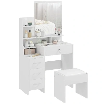 Afbeelding van HOMCOM kaptafel met kruk, make uptafel spiegel, laden, planken, kantelbescherming voor slaapkamer, wit, 80 x 38 143 cm