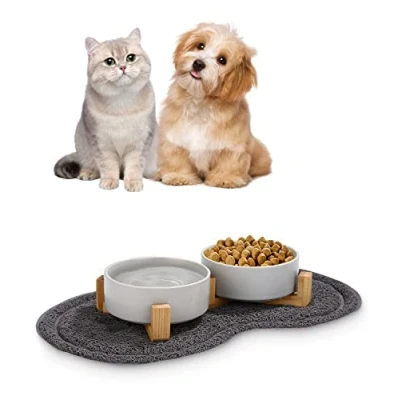 Afbeelding van Keramische voerbak voor honden en katten, dubbele met bamboestandaard antislip onderlegger (400 ml, 2 grijs)