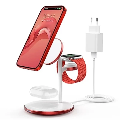 Afbeelding van 3 in 1 inductief laadstation voor meerdere apparaten, draadloos laadstation, 15 W draadloze oplader, compatibel met Mag Safe oplader iPhone 15, 14, 13, 12 Pro Max/Plus/Pro, iWatch Ultra/8/7/SE,