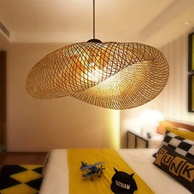 Afbeelding van Vintage hanglamp E27, kroonluchter, retro, industriële hanglamp, natuurlijk bamboe, geweven, in hoogte verstelbaar, lamp voor eetkamer, studeerkamer, woonkamer, café