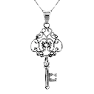 Afbeelding van Zilveren ketting dames met hanger, sierlijk opengewerkte sleutel