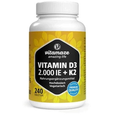 Afbeelding van Vitamaze® Vitamine D3 K2 hoge dosis, 2000 IE + 100 mcg MK7 All Trans, 240 tabletten D zonder onnodige toevoegingen, gemaakt in Duitsland