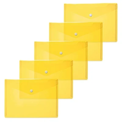 Afbeelding van HERMA 20052 documentenmappen DIN A5 (25 x 18 cm, polypropyleen, 5 stuks) transparante kijkzakken met drukknop voor school, universiteit, kantoor, PP enveloppen in geel