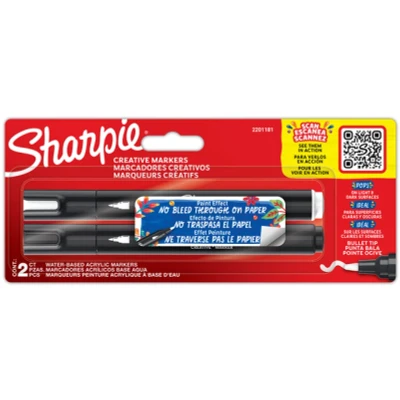 Afbeelding van Sharpie Creative Marker Acrylverfmarker Ronde punt Verfmarkers op waterbasis inkt loopt niet door en geschikt voor de meeste oppervlakken zwarte witte 2 stuks