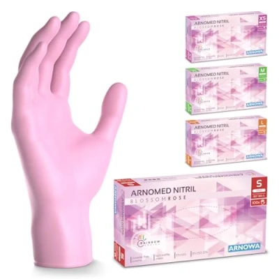 Afbeelding van ARNOMED wegwerphandschoenen roze, nitril handschoenen S, met 100 stuks per doos, poedervrij. Latexvrije rubber handschoenen, verkrijgbaar in XS, M, L
