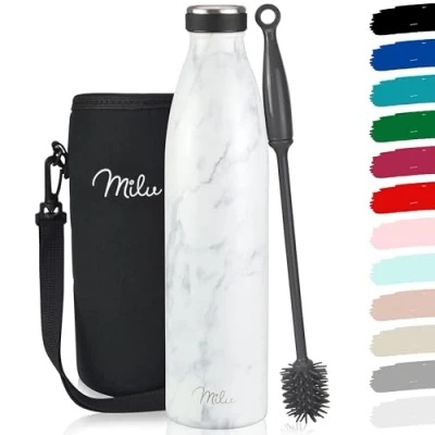 Afbeelding van Milu Roestvrijstalen Drinkfles 350ml 500ml 750ml 1000ml Thermosfles, Geïsoleerde Waterfles, Lekvrije Fles Dubbelwandig, Koolzuurhoudend Geschikt Incl. Reinigingsborstel (marmer, 750 ml)