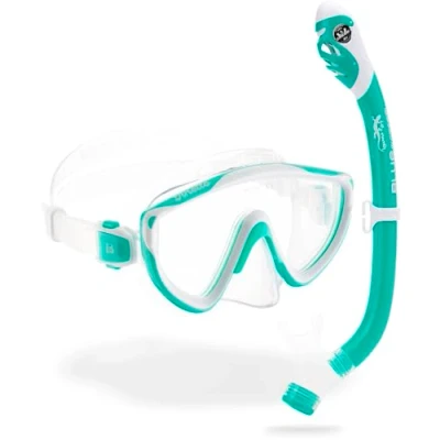 Afbeelding van CRESSI Tinetto &amp; Iguana Dry Aqua Green/White Combo Set Snorkel Jr masker en Dry, blauwgroen/wit, eenheidsmaat