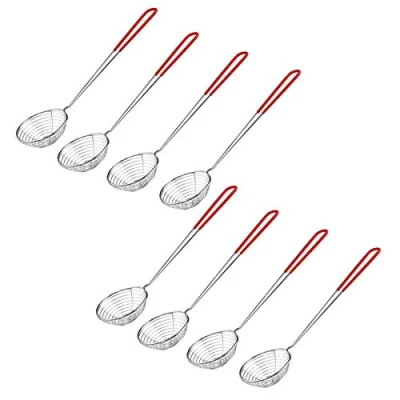 Afbeelding van 8 stuks roestvrij staal vergiet zeef fondue keuken gereedschap hete pot draad skimmer lepel met handvat geschikt voor eten soep afvoer (rood)