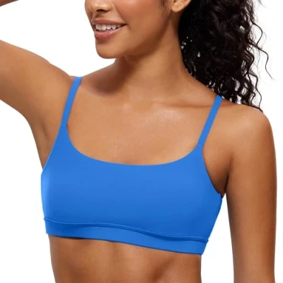 Afbeelding van CRZ Yoga Vrouwen Butterluxe Verstelbare Spaghettiband Sportbeha Scoop Hals Draadloze Gewatteerde Workout Crop Top Fonkelend blauw S