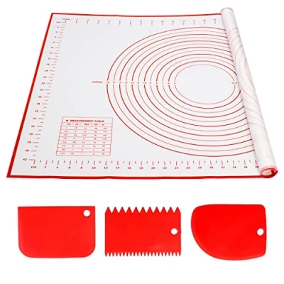 Afbeelding van Alyvisun Silicone Bakmat Met 3 Deegschrapers, 70x50 CM Deegmat Anti Aanbak Gebak Bakmatten Antislip Pizza Accessoire Mat Fondant Rolplank Deegkneedvel voor Cake, Taart, Brood (Rood)