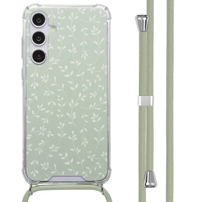 Afbeelding van Samsung Galaxy A55 (5G) Hoesje Kunststof imoshion Backcover met koord/Koordhoesje/Softcase Smoke Green Flowers Telefoonhoesje