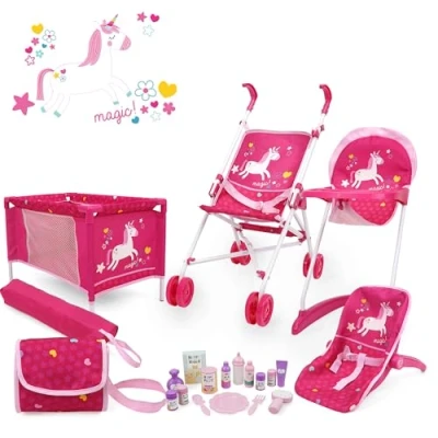 Afbeelding van 509 Crew Unicorn Pink 21 delige Pop Stroll n Play &amp; Care Combo set, Stroller, Playard, Hoge Chair DraagCot, Diaper Bag, Feeding en Grooming Accessoires, Leeftijd 3