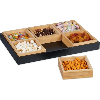 Afbeelding van Relaxdays serveerschaaltjes op plank bamboe schaaltjes borrelschaaltjes snackschaal
