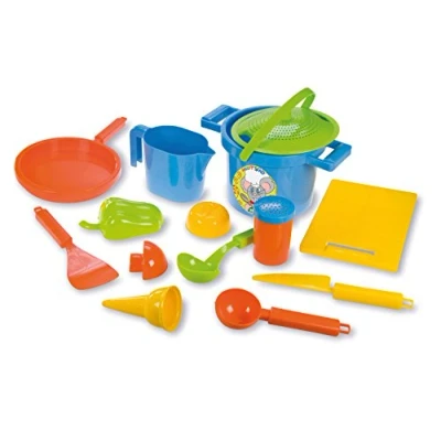 Afbeelding van Lena 05410 Happy zand speelset koken, 14 delig, en water speelgoed set voor kinderen vanaf 2 jaar, met pot, zeef, 3 vormpjes, plank, pan, ijlepel, ijszak andere keukenaccessoires
