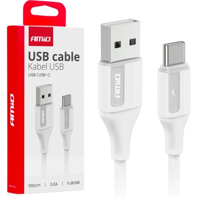 Afbeelding van AMiO USB A naar C Kabel 3A 100cm FullLINK Wit Hoogwaardige Snellader Oplaadkabel Snoer