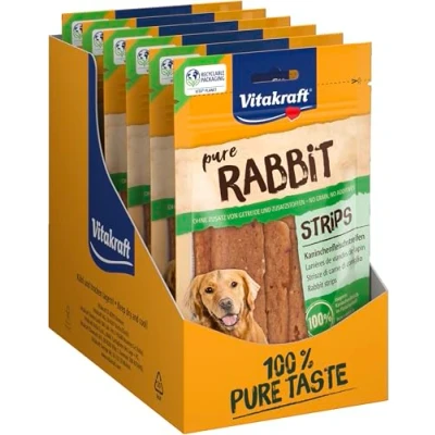 Afbeelding van Vitakraft Vleessnacks, konijnenvleestreepjes, hondenlekkernijen, graanvrij, met mager konijnenvlees, ideaal als beloning voor tussendoor, zonder toegevoegde suiker (10 x 80 g)