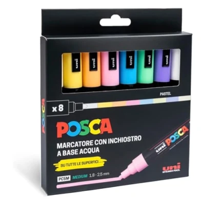 Afbeelding van Posca UniPosca Complete set met 8 markers in pastelkleuren, medium punt 2,5 mm schrijfwaren acrylstiften Uni Posca, ook als verf voor stoffen, hout, glas, keramiek en meer