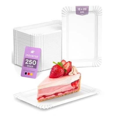 Afbeelding van Inoverse papieren borden, witte wegwerpborden, milieuvriendelijk feestservies, wegwerpservies, taartborden, wegwerpborden van karton, kartonnen vierkant, 13 x 20 cm, 250 stuks