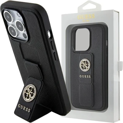 Afbeelding van Guess GUHCP15XPGSSADK iPhone 15 Pro Max black hardcase Grip Stand 4G Saffiano Strass
