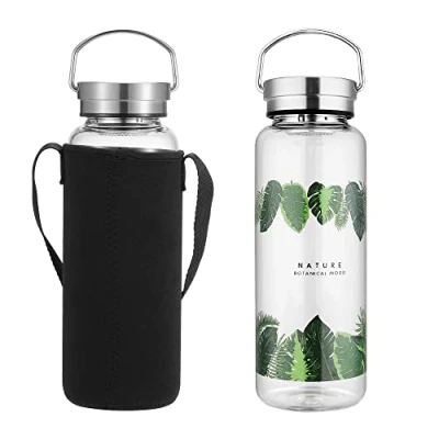 Afbeelding van Drinkfles, glas, 1 l, waterfles met neopreen hoes, draagbaar, lekvrij, deksel, Wide Mouth BPA vrij, 1000 ml