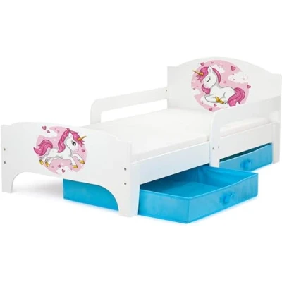 Afbeelding van Leomark Smart Eenpersoonsbed voor kinderen met laden, 140/70 cm (matras) eenvoudige montage, kleine ruimtes, wit (thema: Roze eenhoorn)