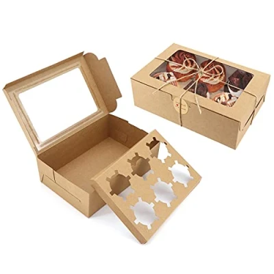 Afbeelding van Verpakking met 10 cupcake dozen van kraftpapier venster en inzetstukken, bruine bakdozen jute touw stickers voor cupcake, koekjes, dessert, bakken