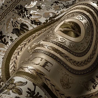 Afbeelding van &quot;MEDUSA HOOFD&quot; SATIJN GLANZEND CIRKEL BEHANG Design parelbeige wit bruin A.S. Création Versace 5