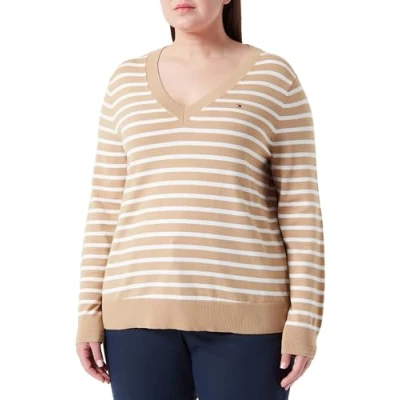Afbeelding van Tommy Hilfiger Dames trui V hals, Klassiek Khaki/Ecru Stp, 54