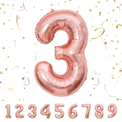 Afbeelding van Ballonnen verjaardag 3 jaar roségoud 101 cm ballon cijfer decoratie 3e vlinderdas met helium