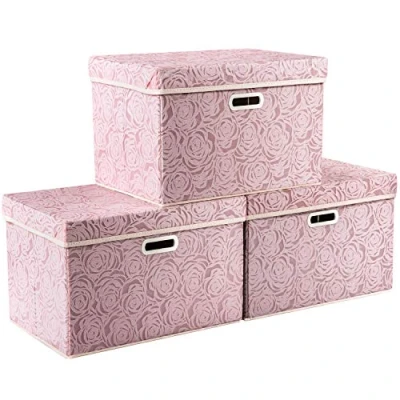 Afbeelding van PRANDOM Grotere opvouwbare opbergdoos met deksel [3 stuks] stoffen decoratieve opbergbak kubus organizer container mand handgrepen voor slaapkamer kast woonkamer roze 45x30x30cm