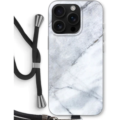 Afbeelding van Case Company® hoesje met Koord geschikt voor iPhone 16 Pro Witte marmer Telefoonhoesje Zwart Bescherming aan alle Kanten en Over de Schermrand