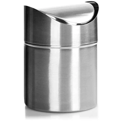Afbeelding van COM FOUR® afvalbak met zwenkdeksel, elegante tafelafvalbak van roestvrij staal, compacte cosmetische bak voor de badkamer, keukenafvalbak (zilverkleurig staal)