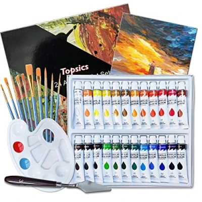 Afbeelding van Topsics 37 stuks acrylverfset, 24 x 12 ml non giftige acrylverfset voor beginners, kunstenaars, kind, met 10 penselen, 1 mengpalet, canvas en schraper, perfect canvas, hout, stof